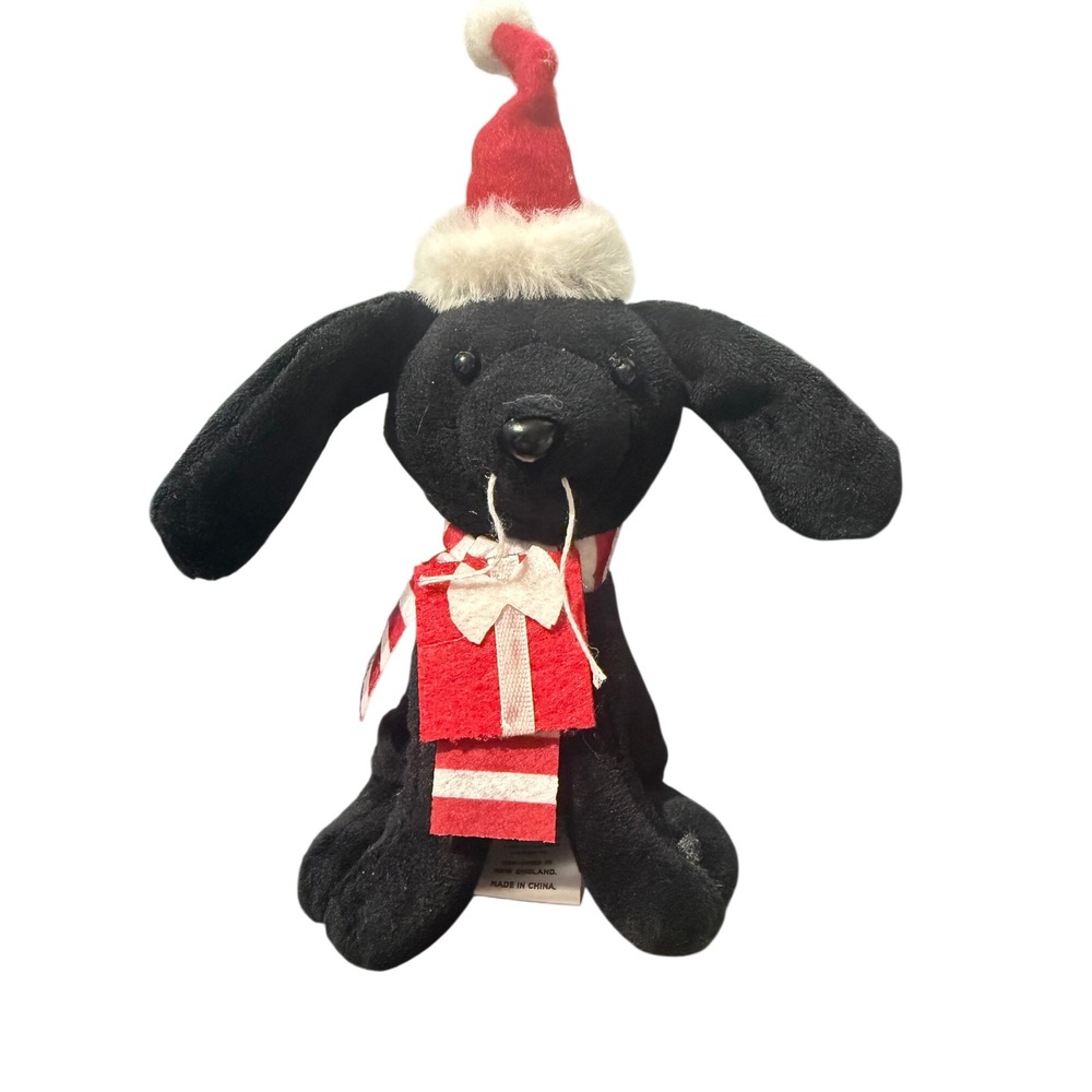 Merry Makers Christmas Black Dog Plush Santa Hat Striped Scarf Holiday 9" Tall